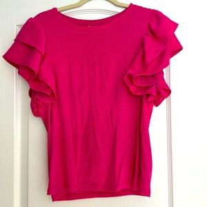 Size : M Crown & Ivy Ribbed Bright Pink & Magenta Flutter Sleeve Cotton Top
